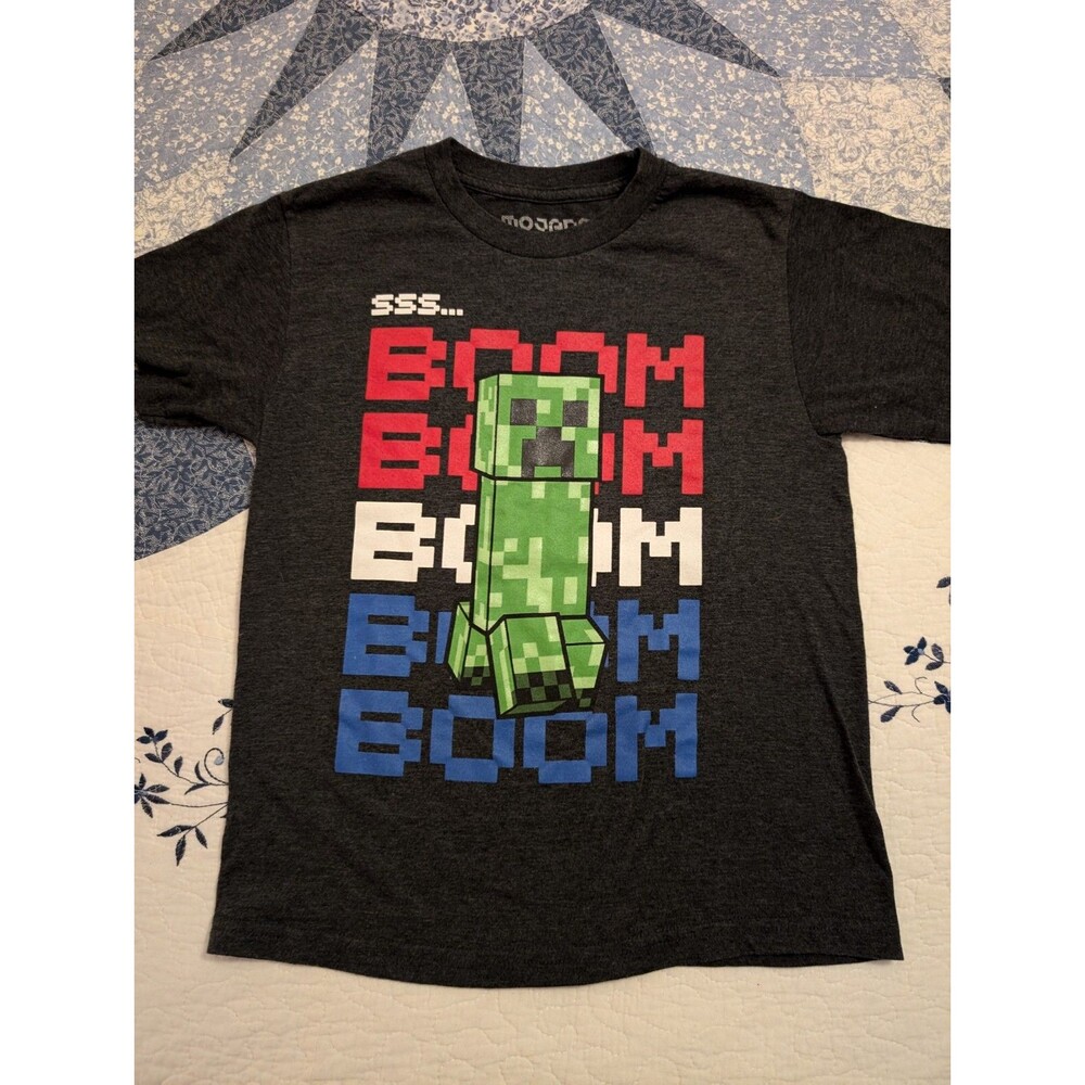 Minecraft Boys Gray Green Creeper White Blue BOOM Short Sleeve Shirt Sz Small 8